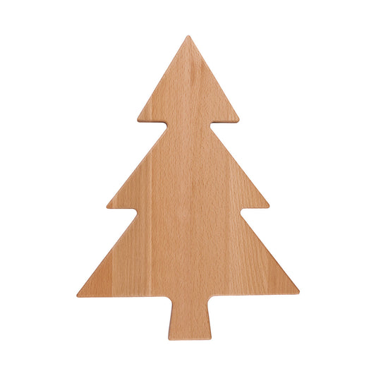 Beukenhouten serveerplank van 35 cm in de vorm van een kerstboom. De plank is van bovenaf gefotografeerd tegen een witte achtergrond.