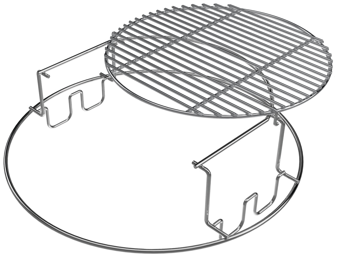 Dit multi level rack, bestaande uit 2 delen, is gemaakt van RVS. Het onderste gedeelte van het rack bestaat uit een cirkelvormige stang die bovenop het RVS rooster van de kamado geplaatst kan worden. Op de RVS stang is een verhoging gemaakt met daarop een RVS rooster. 